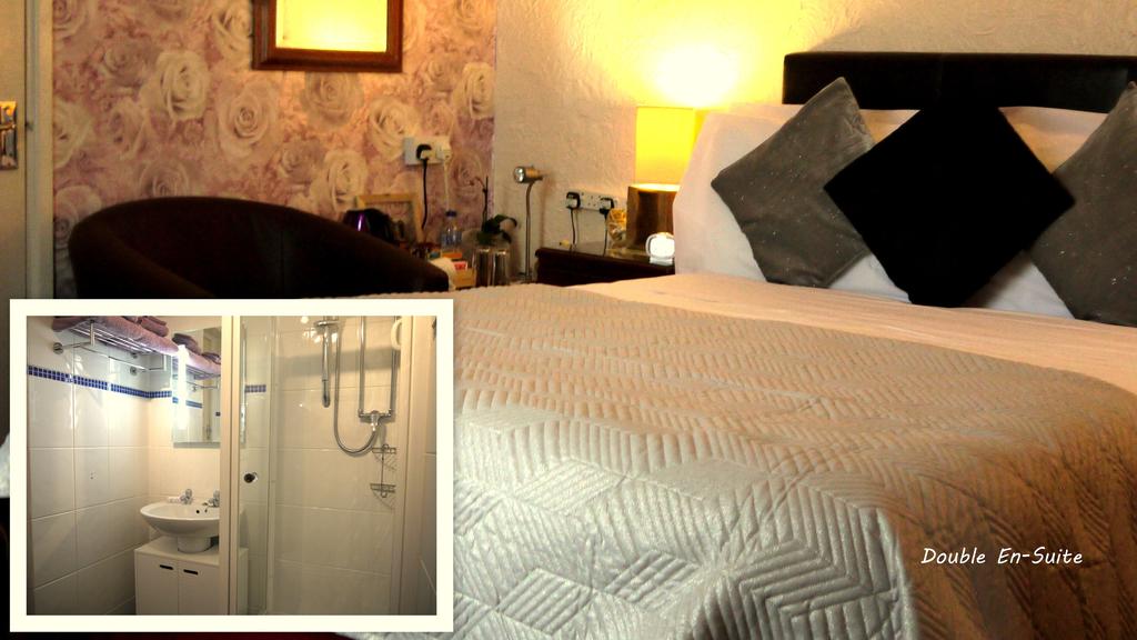 photo of the double room with a small photo of the en-suite in the bottom right corner